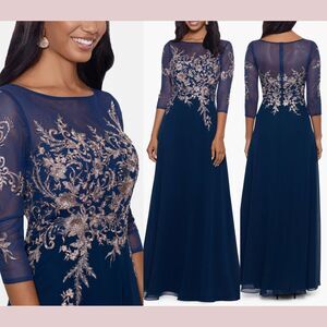 NEW $299 Betsy‎ & Adam [ 12 ] Brooklyn Metallic Embroidered Gown Navy Blue Rose